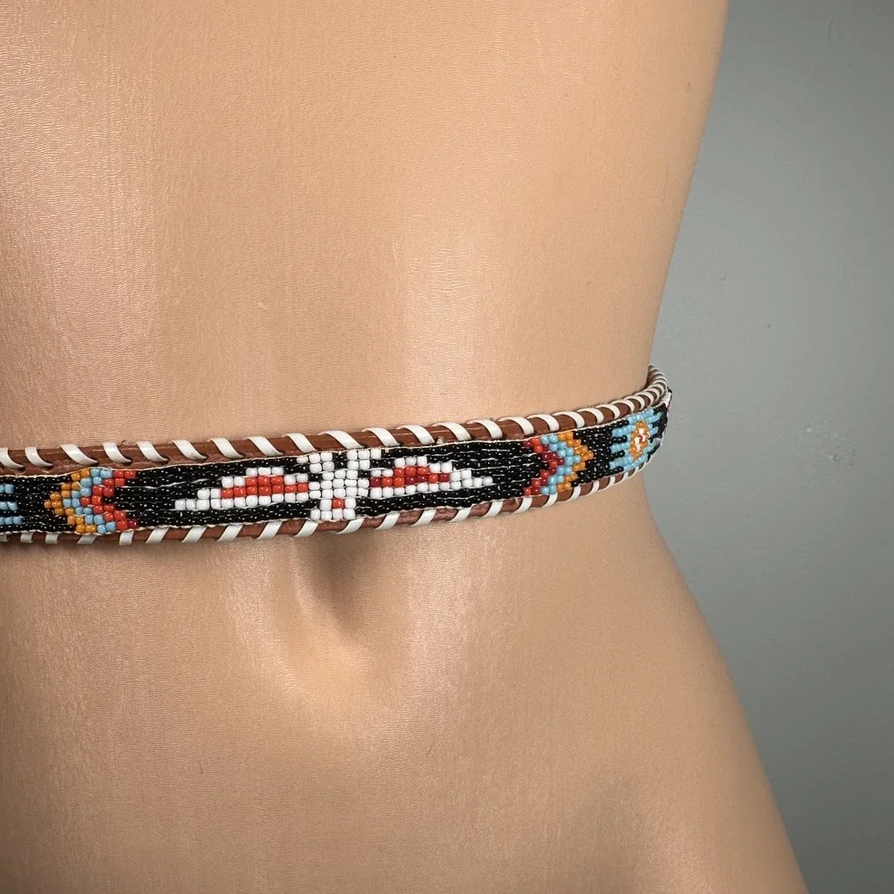 Womans Indian Hand Beaded Leather Belt Adjustable Bird Colorful